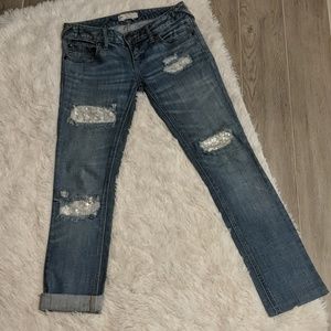 Free People Skinny Jeans in Distressed Medium Blue with Sequin Patches
